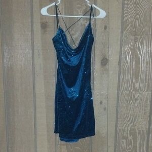 B Darlin Teal Sequined Cowl Slip Dress